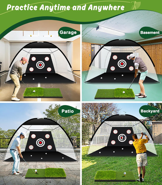 MUVPOH Golf net — 10x7ft golf practice net with dual-turf hitting mat and targets