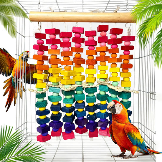 KTCWPAW Large Parrot Chew Wall Toy, Natural Wood Bird Cage Foraging Play Wall with Colorful Wooden Blocks, Hanging Shredder Toy for Macaws, Cockatoos, African Greys, Medium to Large Parrots