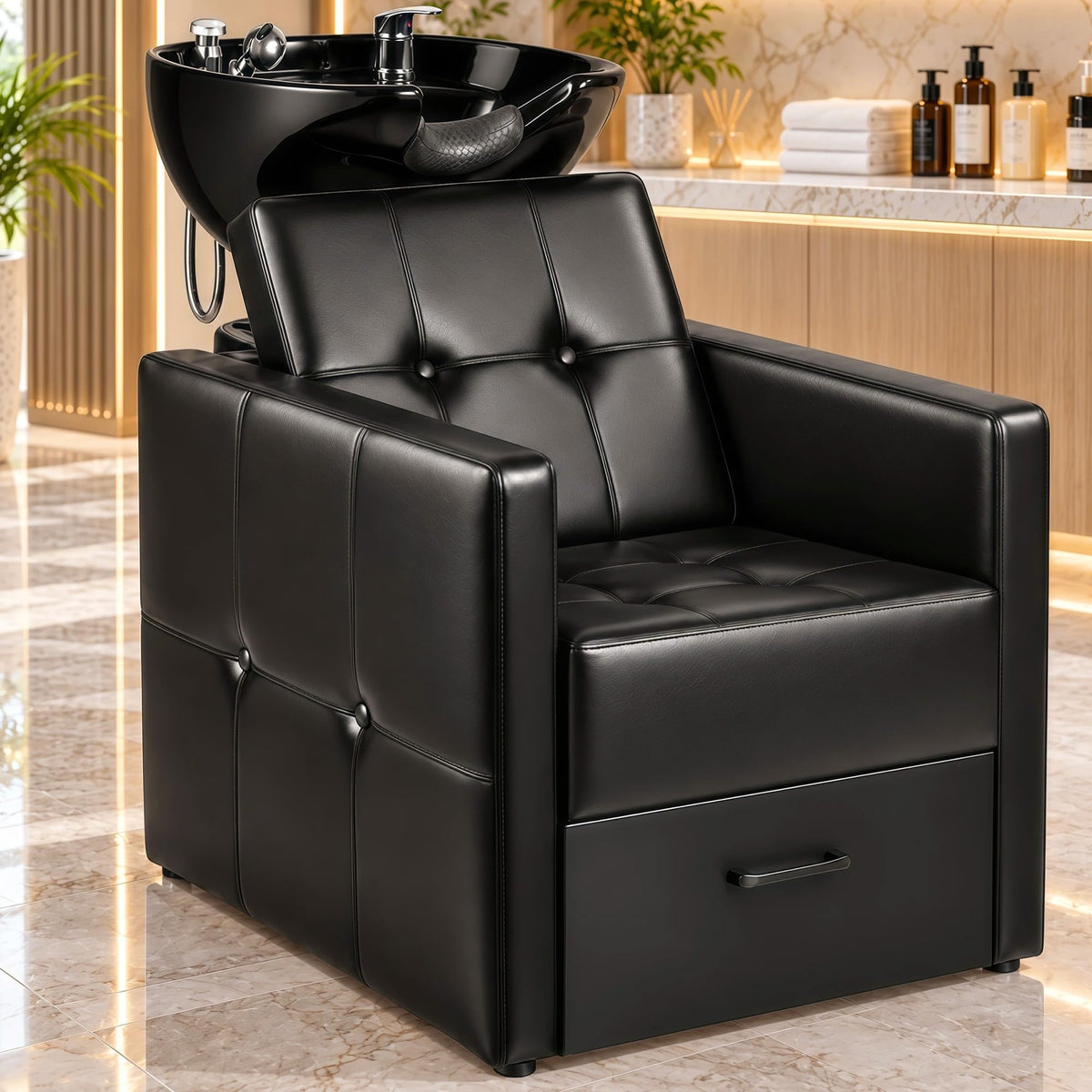 Shampoo Bowl Chair Set for Salon, Black Backwash Station with Drawer