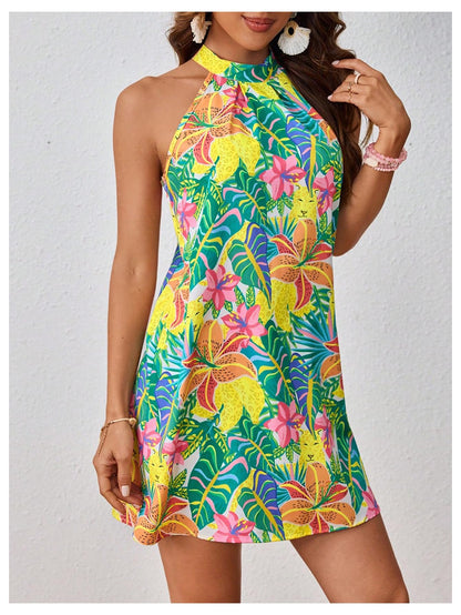 Floerns dress — sleeveless floral print halter neck A line short style