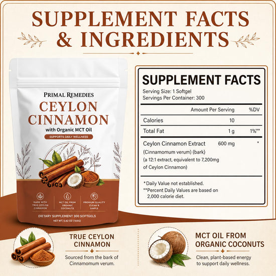 Primal Remedies Ceylon Cinnamon, 300 Softgels with Mct Oil, for Daily Wellness Routine (1PCS)