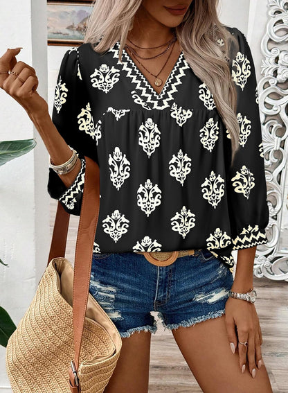 SHEWIN women's chiffon blouse with floral print and v neck design in boho style