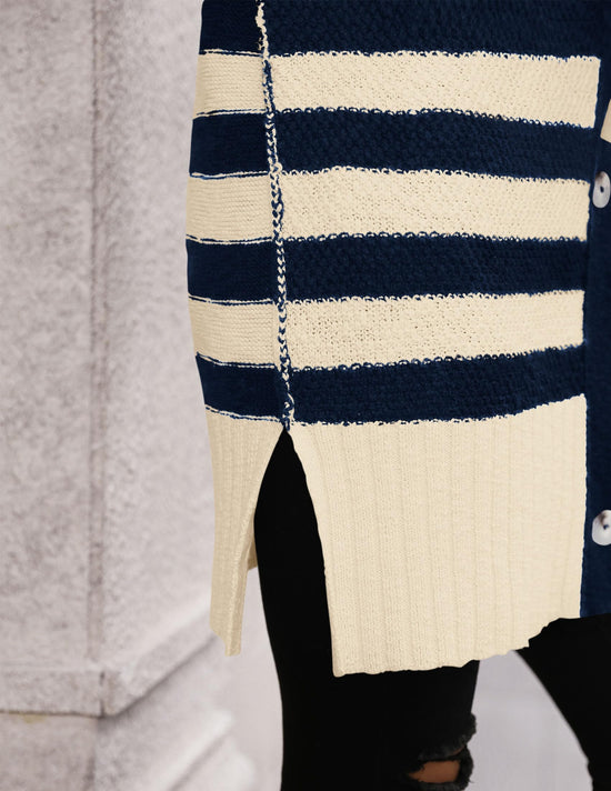 PRETTYGARDEN sweater - Oversized striped cardigan with button down front and long sleeves