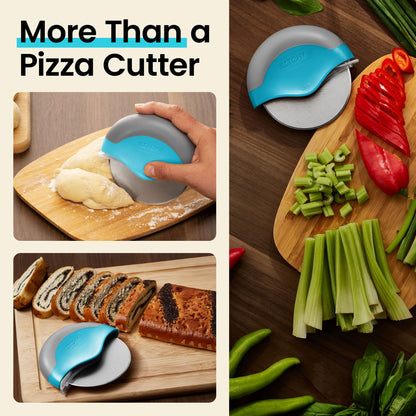 Kitchy pizza cutter wheel — Ergonomic design with protective blade cover.