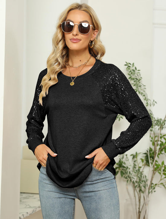 Shirt — Women's sequin long sleeve crewneck top with loose fit