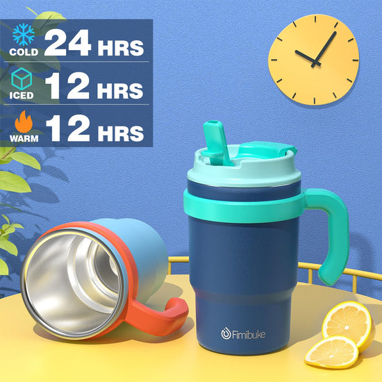 Fimibuke kids drinking cup — insulated with handle and straw, 16oz, BPA free stainless steel