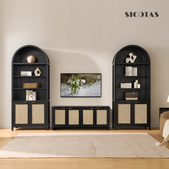 SICOTAS shelf — Arched cabinet bookshelf with doors and rattan accents 84.2 tall