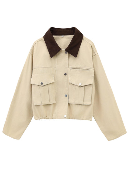Megfie cropped coat — Contrast collar utility design with pockets and cargo styling