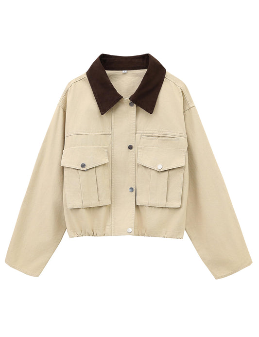 Megfie cropped coat — Contrast collar utility design with pockets and cargo styling