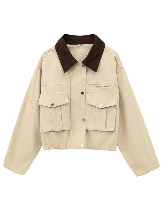 Megfie cropped coat — Contrast collar utility design with pockets and cargo styling