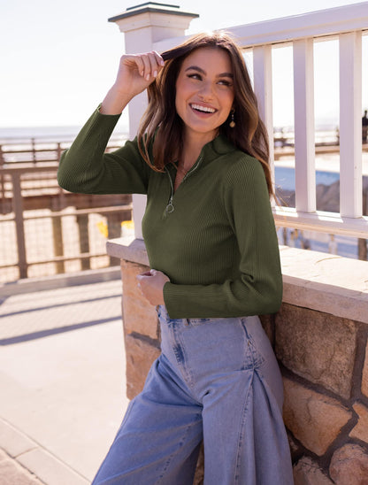 Sweater — Spring quarter zip collared design for women by PRETTYGARDEN