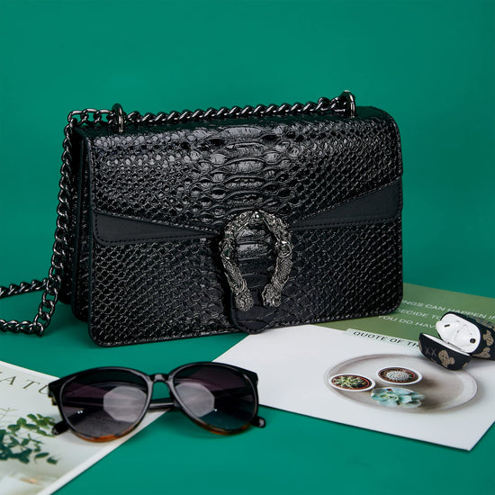 Aiqudou handbag — snake print design with chain detail and luxury PU leather