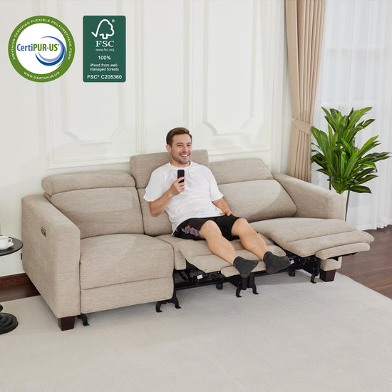MCombo 88.6'' Reclining Sofa, Wall Hugger Power Recliner Sofa with Adjustable Headrest, USB A & C Charge Ports, Wood Legs, for Living Room (Fabric, HL198M3) (Beige, 3-Seater)