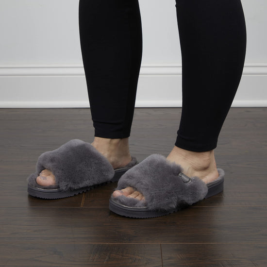 Dearfoams shearling slide slipper — easy on/off design