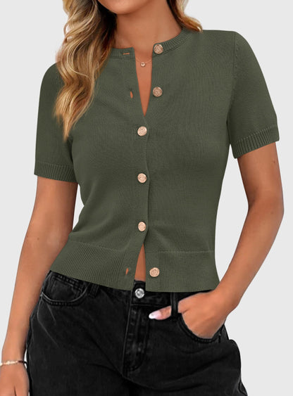 Sweater — Womens casual summer short sleeve button down cardigan by PRETTYGARDEN