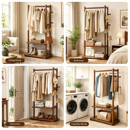 Taitiy coat rack - Solid wood with shelves and hooks for clothes and accessories