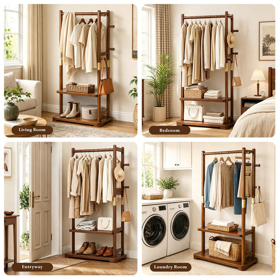 Taitiy coat rack - Solid wood with shelves and hooks for clothes and accessories