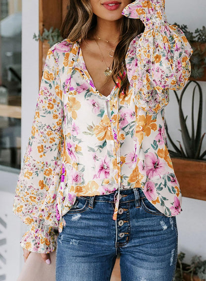 Biucly women's floral print v neck long sleeve shirt with drawstring detail