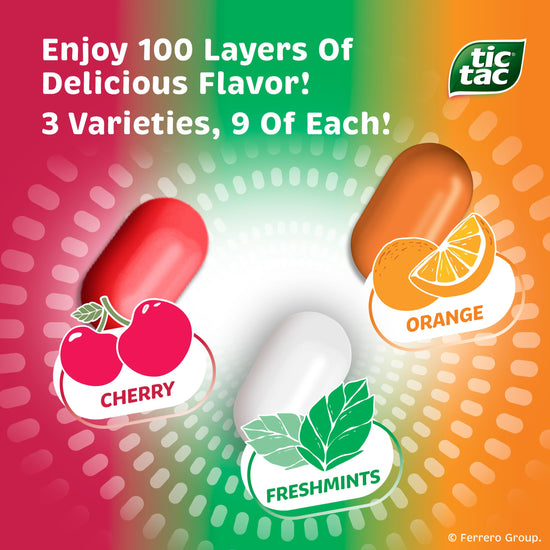 Sugar candy — Tic Tac variety pack mega box, 27 packs of fruity mints, 17.14 oz