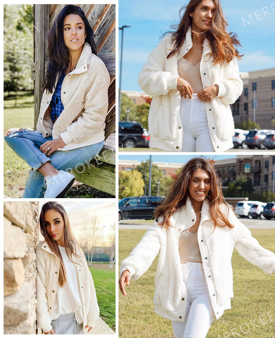 MEROKEETY Womens Fleece Sherpa Jacket Fall Winter Coats 2026 Fuzzy Button Down Warm Outerwear with Pockets
