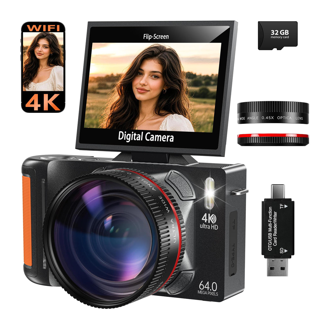 4K 64MP WiFi Digital Camera with Flip Screen, Autofocus, 18X Zoom, Black
