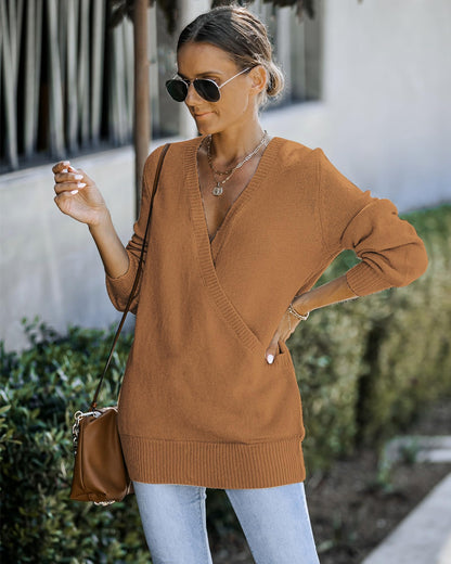 LookbookStore women's sweater - Knit long sleeve faux wrap surplice v neck top