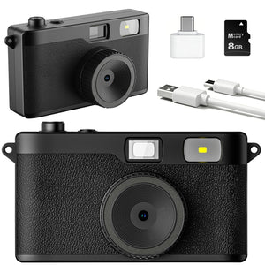 Screen Free Digital Camera, Reusable 12MP Vintage Digital Camera with Unlimited DIY Filters, OTG Support and Flash Light for Summer Camp with 8GB Micro SD Card, OTG Adapter and Type-C Cable（Black）