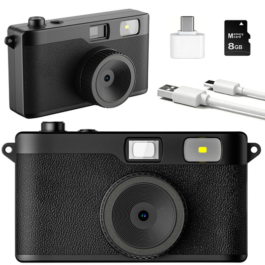 Screen Free Digital Camera, Reusable 12MP Vintage Digital Camera with Unlimited DIY Filters, OTG Support and Flash Light for Summer Camp with 8GB Micro SD Card, OTG Adapter and Type-C Cable（Black）