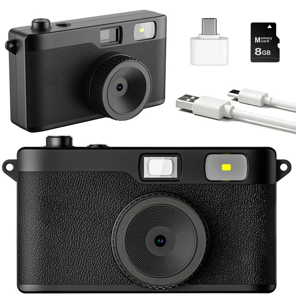 Screen Free Digital Camera, Reusable 12MP Vintage Digital Camera with Unlimited DIY Filters, OTG Support and Flash Light for Summer Camp with 8GB Micro SD Card, OTG Adapter and Type-C Cable（Black）