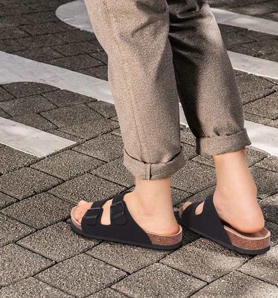 ODOLY cork footbed slide sandal — adjustable buckle for arch support