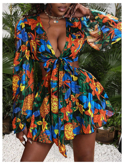 BEAUDRM women's tropical dress - sexy long bell sleeve two piece outfit