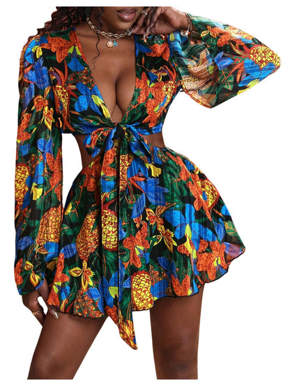 BEAUDRM women's tropical dress - sexy long bell sleeve two piece outfit
