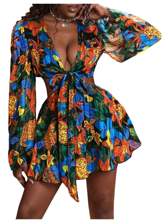 BEAUDRM women's tropical dress - sexy long bell sleeve two piece outfit