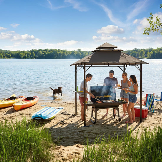 Yaheetech freestanding shelter — 3-tier outdoor BBQ gazebo with adjustable shelves and hooks