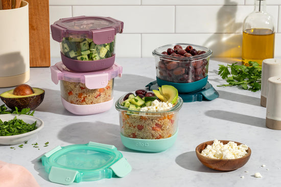 Ello food storage container — Reusable glass jars with leak proof lids and sleeves