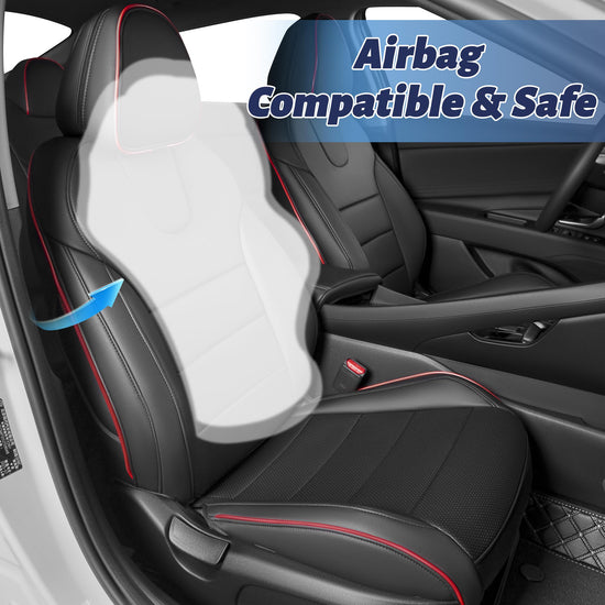 HKZ Elantra seat covers — custom fit leather full set in black and red for Hyundai Elantra 2021-2026 SE/SEL/SEL Sport & Hybrid with rear bench and fixed headrests.