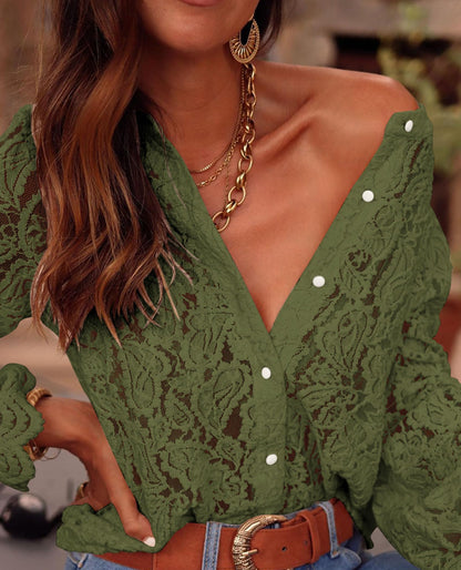 PRETTYGARDEN shirt — lace long sleeve button up blouse for women in spring and fall fashion