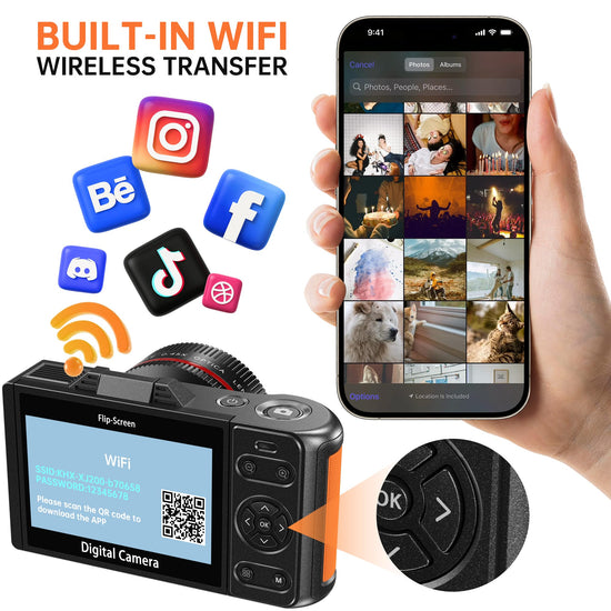 4K 64MP WiFi Digital Camera with Flip Screen, Autofocus, 18X Zoom, Black