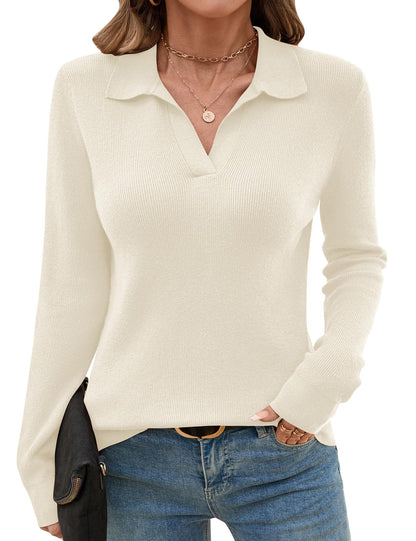 Romanstii women's knitted sweater — long sleeve v-neck polo design