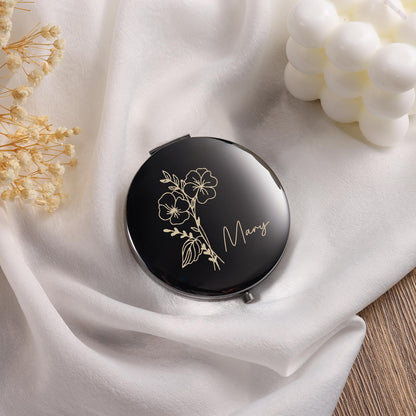 Ahgmeside Personalized Compact Mirror for Women - Pocket Mirror for Women,Custom Birthflower Travel Makeup Mirror for Wife, Mom, Bridesmaid Gifts for Daughter Friend (Black)