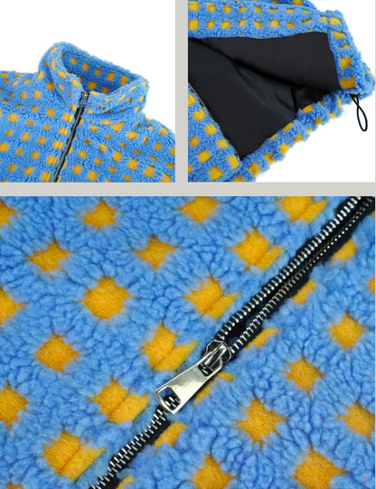 Esmeling cropped sherpa fleece coat with plaid design and long sleeves