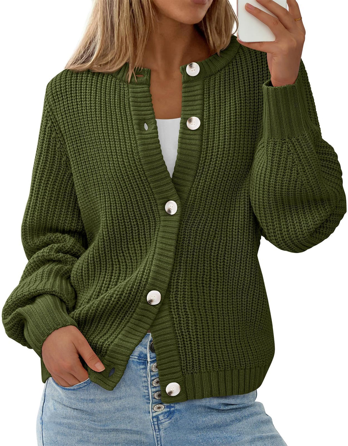Prettygarden sweater — Chunky knit open front cardigan with buttons and long sleeves