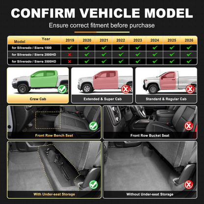 AOMSAZTO floor mats for Chevy Silverado and GMC Sierra with under-seat storage and bench seat