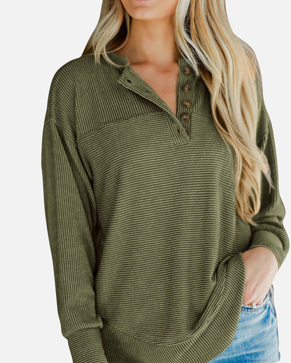 KIRUNDO shirt — casual ribbed knit long sleeve button v neck blouse for women