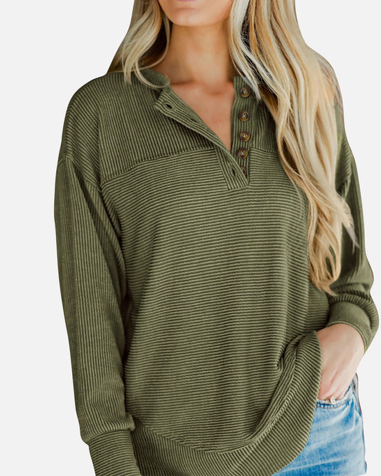 KIRUNDO shirt — casual ribbed knit long sleeve button v neck blouse for women