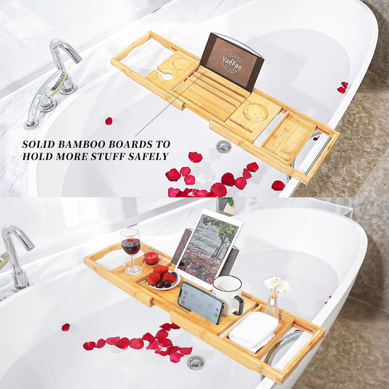 Bathtub tray — Expandable wooden design with wine and book holder
