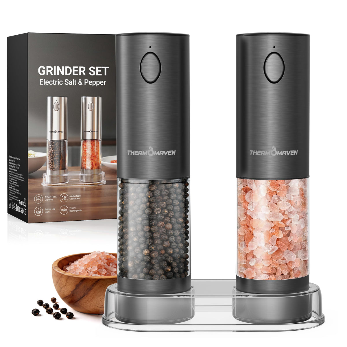 Seasoning mill — Rechargeable electric grinder with adjustable coarseness and LED