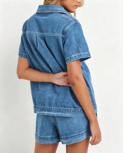 Kedera coordinated outfit — summer denim set with short sleeve boxy shirt and shorts pants