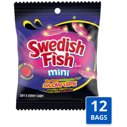 SWEDISH FISH mini glow ups - Strawberry-watermelon gummy candy, 12 bags