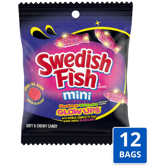 SWEDISH FISH mini glow ups - Strawberry-watermelon gummy candy, 12 bags